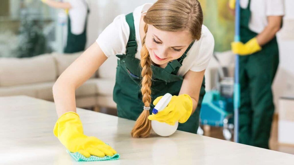 Young professional cleaner cleaning a kitchen