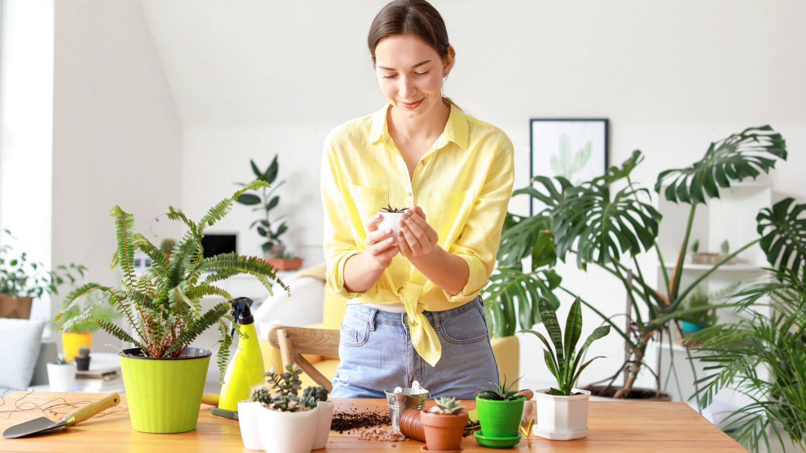 Woman repotting house plants on a counter