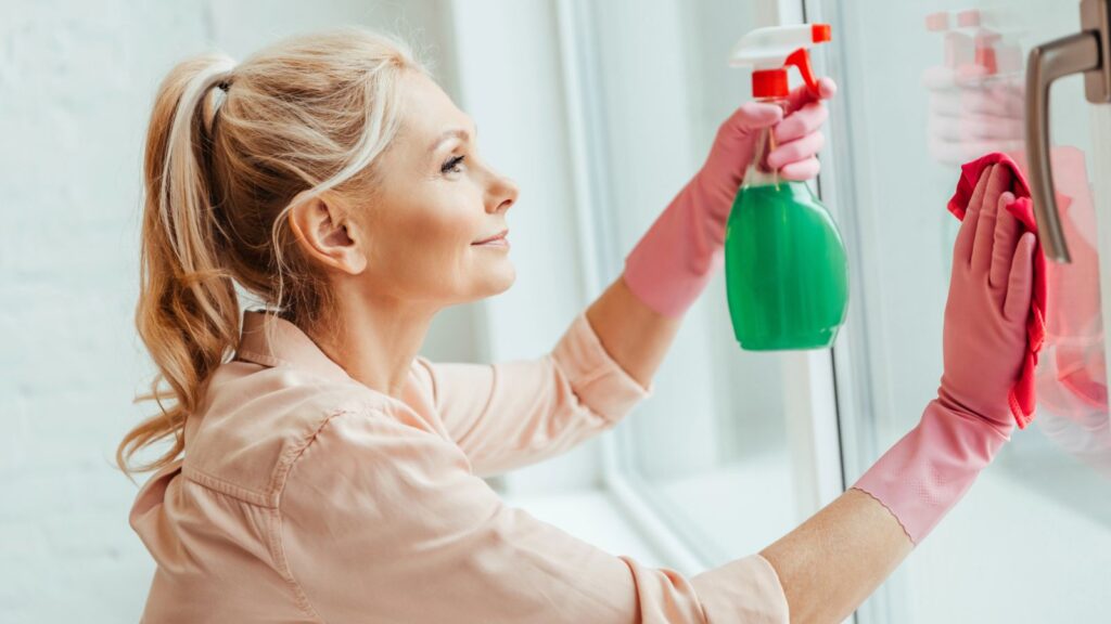 Woman cleaning a glass door