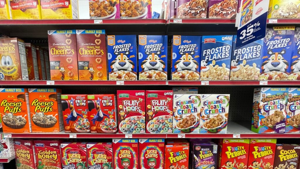 Cereal aisle in grocery store