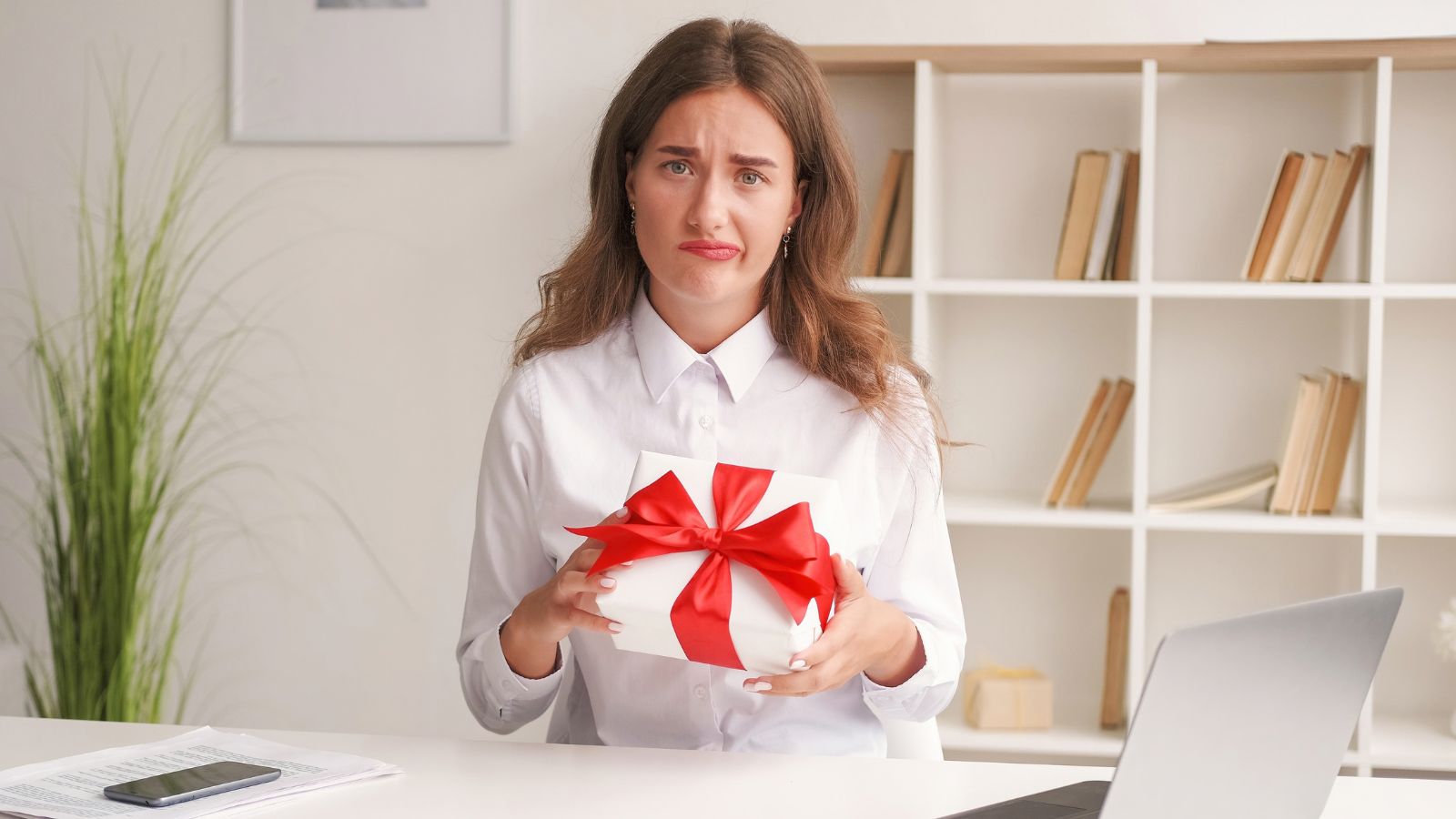 Woman holding a gift looking completely unimpressed