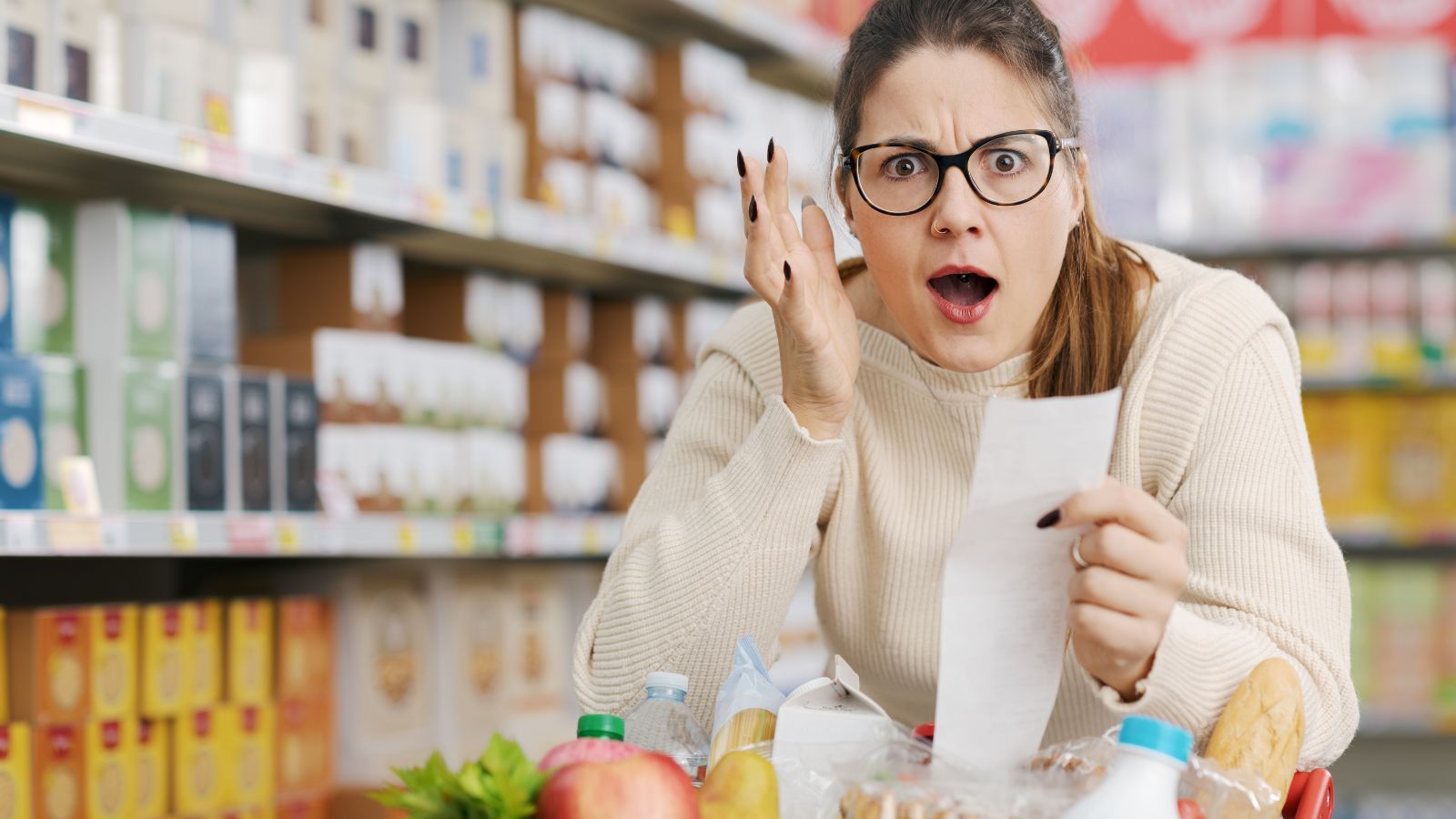 Woman shocked by grocery receipt