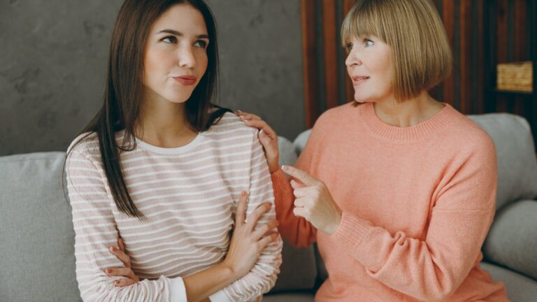 Adult woman talking with mother