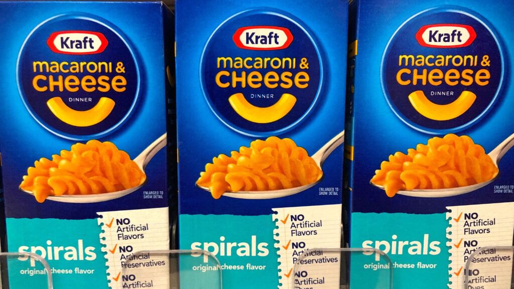 Boxes of Kraft boxed mac & cheese next to each other