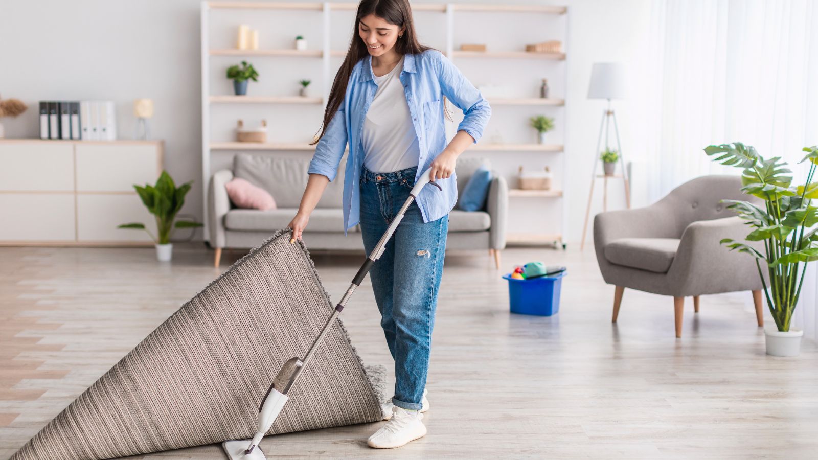 Woman mopping her floor while holding up the rug