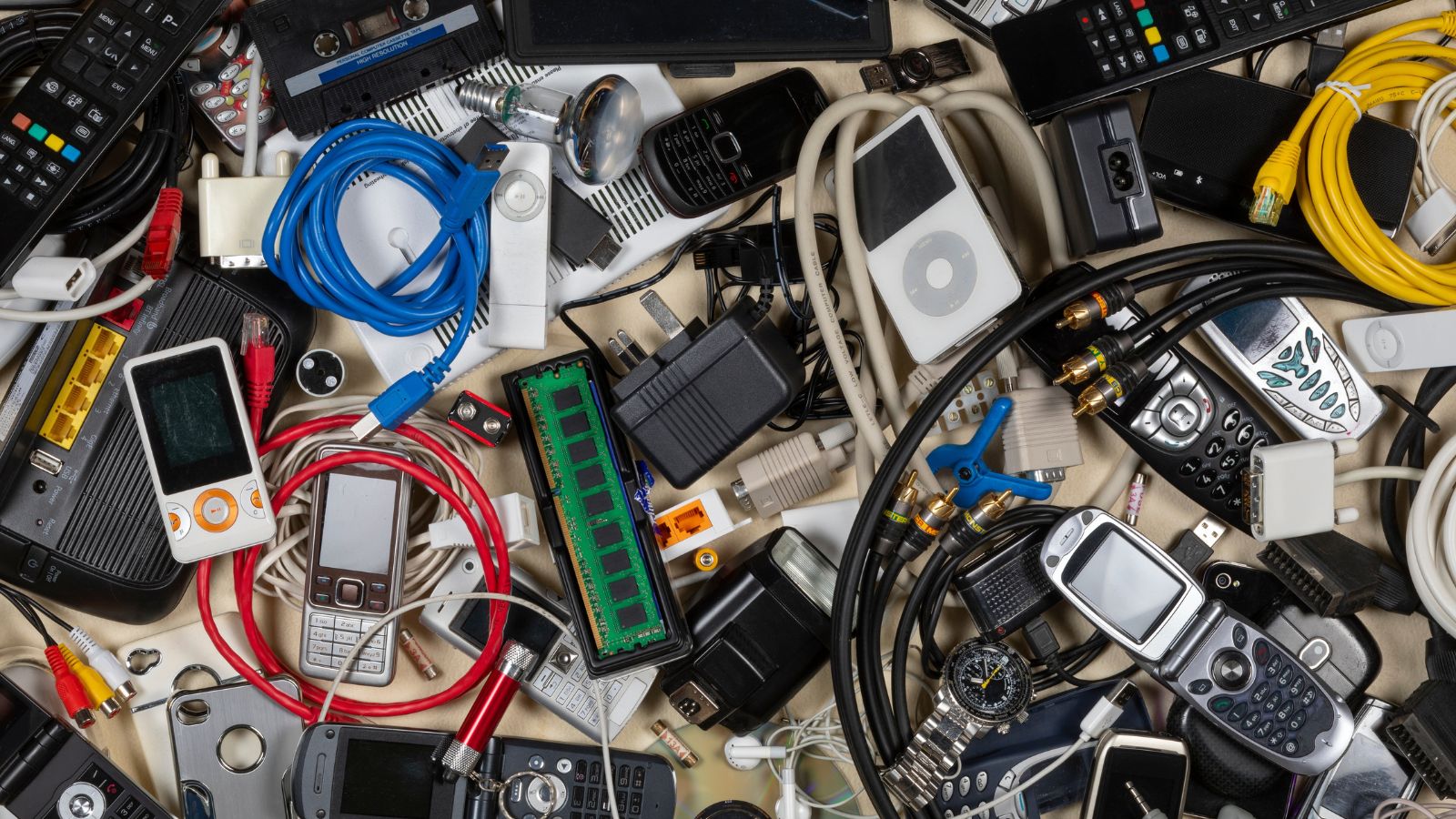 Pile of electronic devices and cords