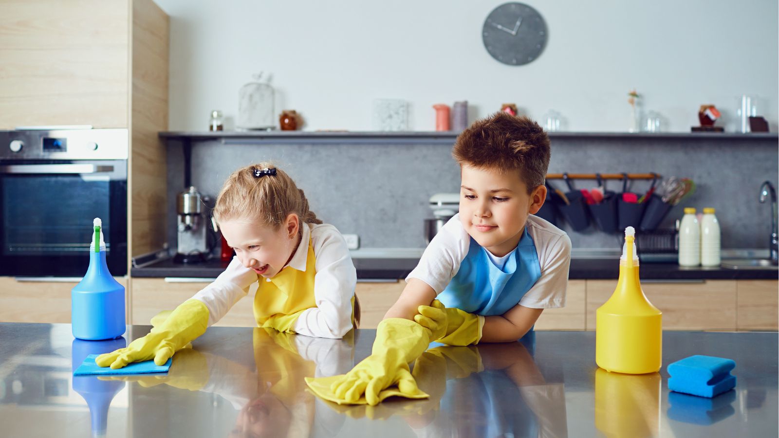 Kids wearing gloves and wiping the counter