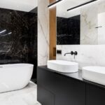 Large modern bathroom with a big tub