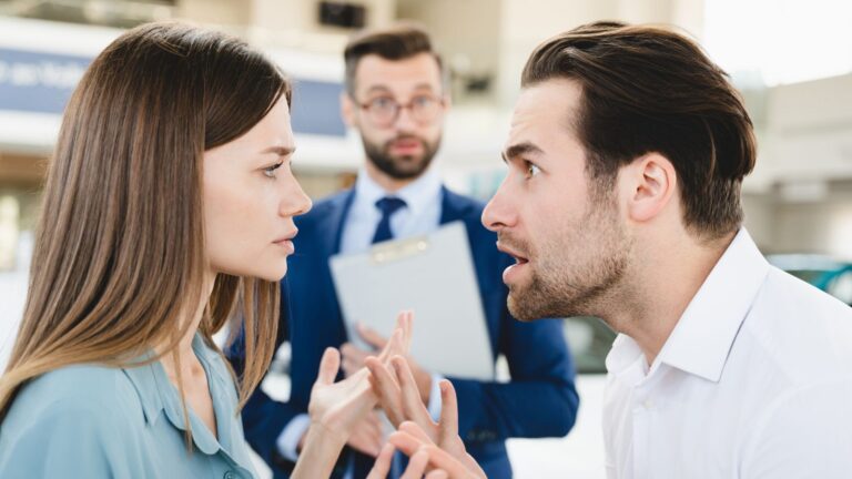 Customer looking angry at a car dealership