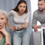 Couple looking annoyed with older woman
