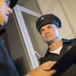 Man talking to a cop and they both look annoyed