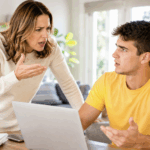 Mother yelling at son as he uses laptop
