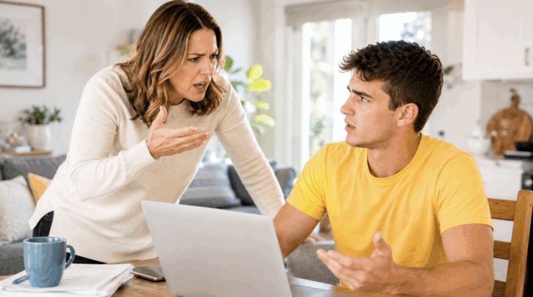 Mother yelling at son as he uses laptop