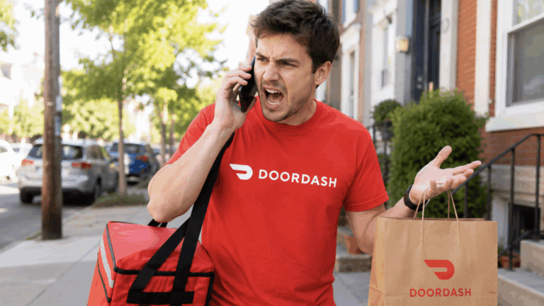DoorDash delivery person carrying bags and looking angry on the phone