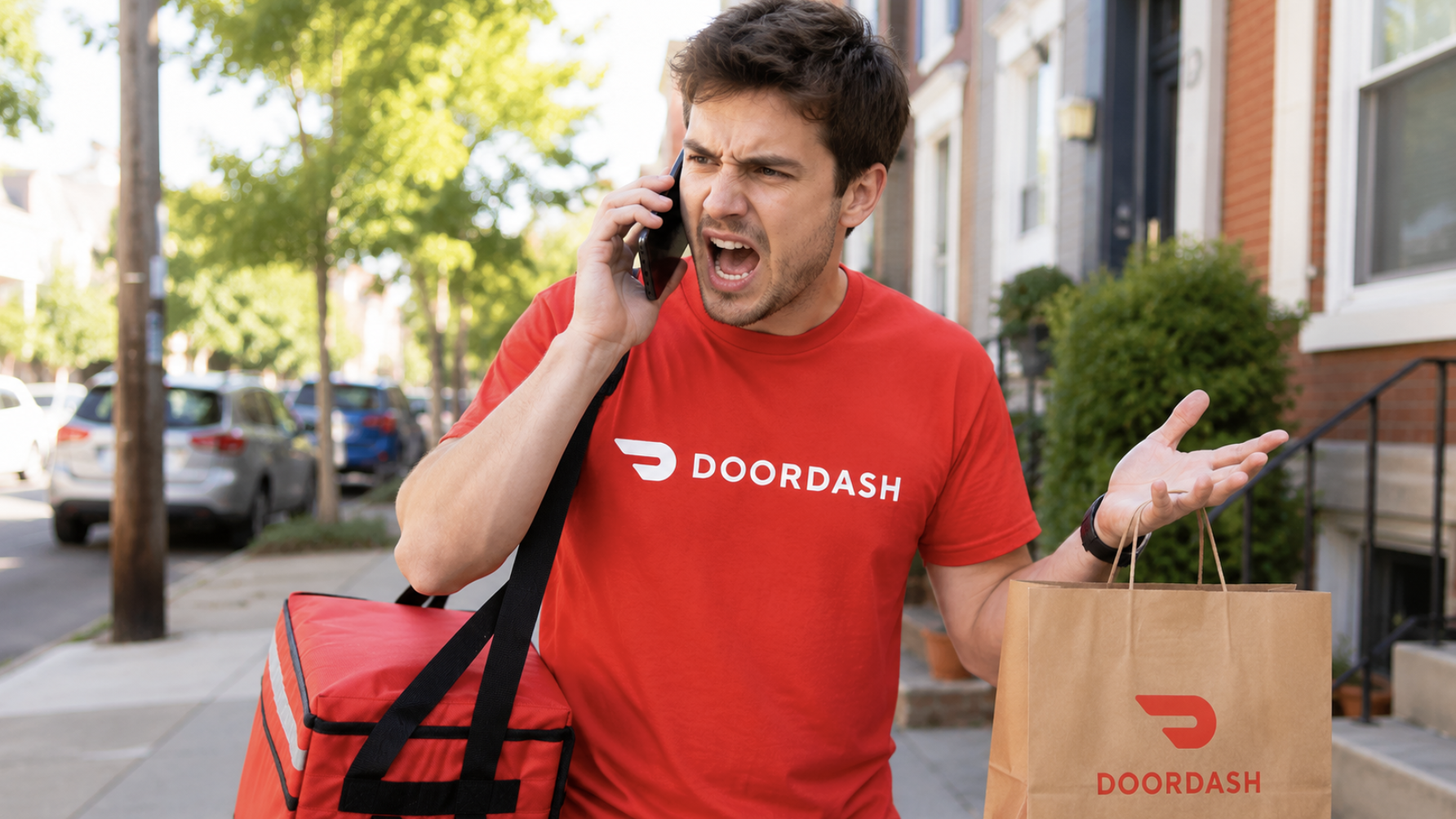 DoorDash delivery person carrying bags and looking angry on the phone