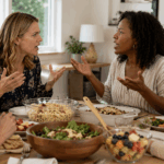 Women angry with each other sitting at dinner