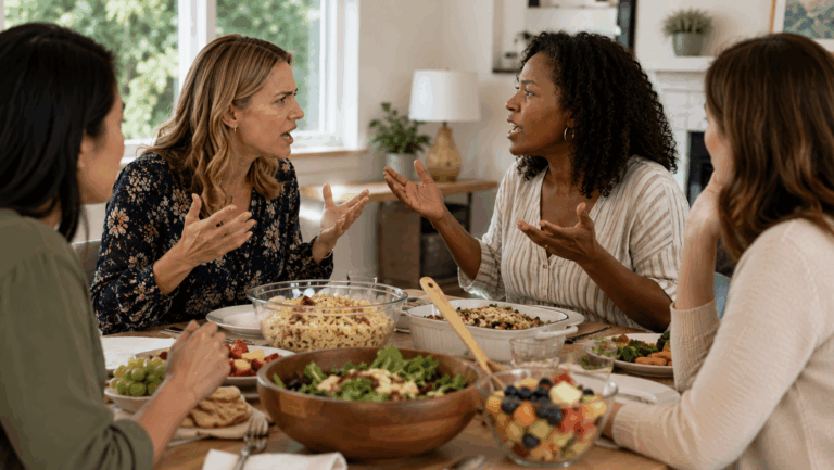 Women angry with each other sitting at dinner