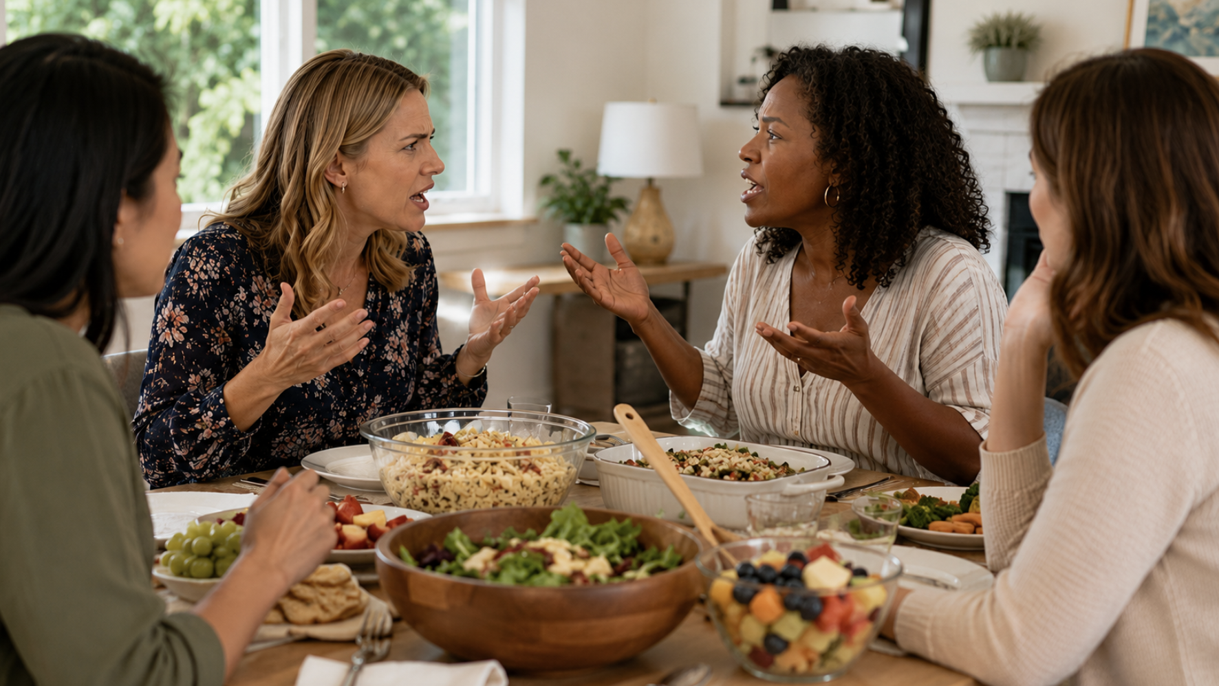 Women angry with each other sitting at dinner