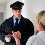 Police officer speaking to a woman at her door