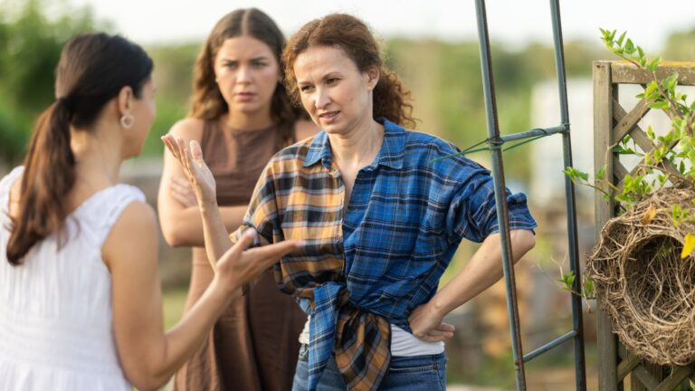 Women standing outside talking