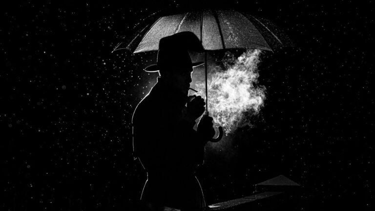 Man walking with an umbrella in the dark