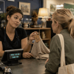 Thrift store clerk looking annoyed at customer