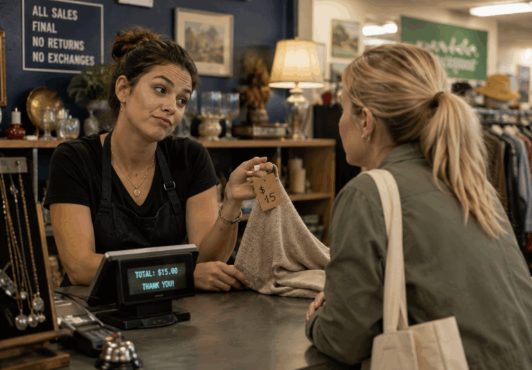 Thrift store clerk looking annoyed at customer