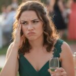 Female wedding guest looking annoyed