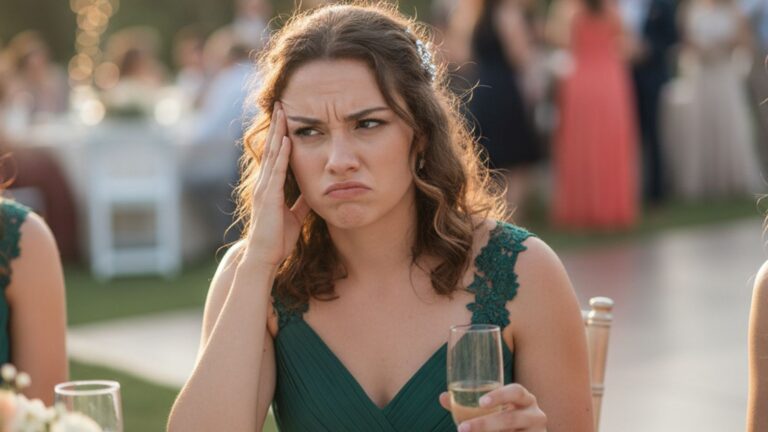 Female wedding guest looking annoyed
