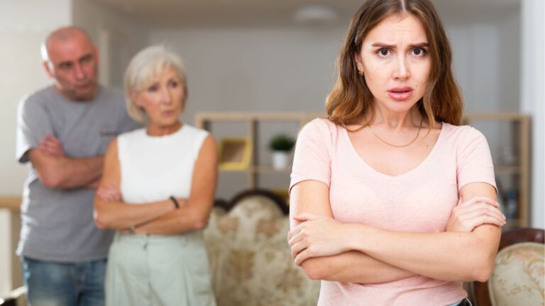 Woman looking annoyed with her parents