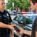 Police officer handing a cell phone to a man