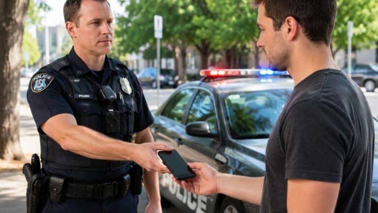 Police officer handing a cell phone to a man