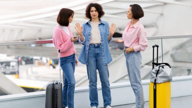 Three female friends arguing while traveling
