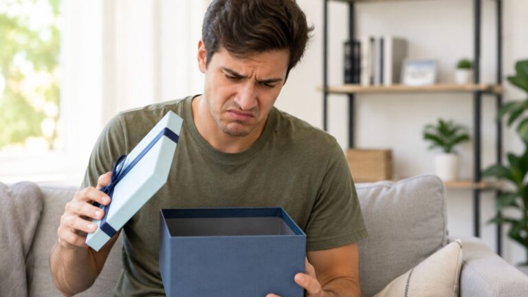 Man opening gift box and looking disappointed