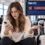 Woman sitting in airport angry because her flight is cancelled