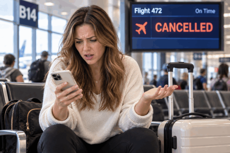 Woman sitting in airport angry because her flight is cancelled