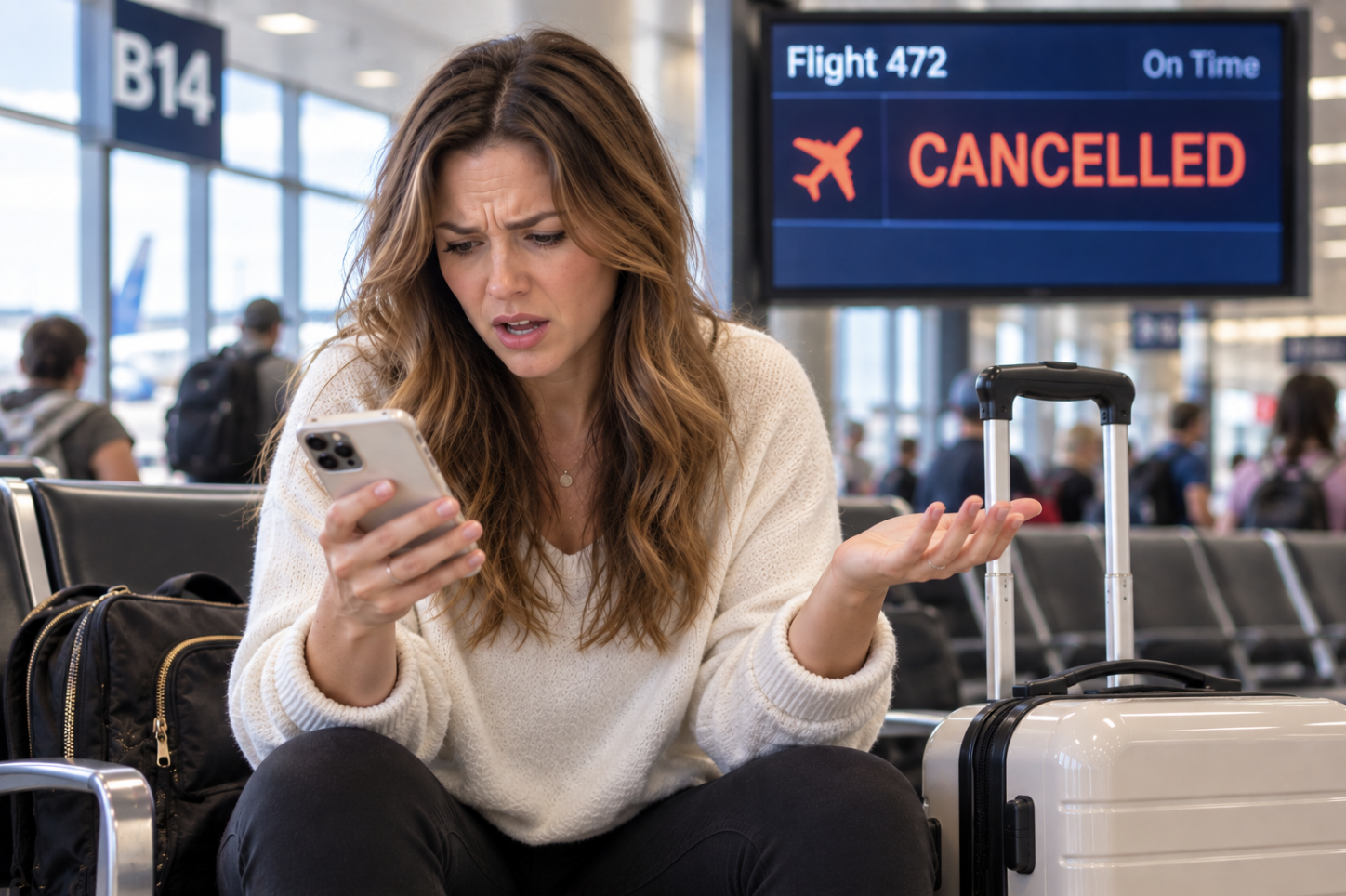 Woman sitting in airport angry because her flight is cancelled