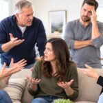 Family members sitting on the couch arguing
