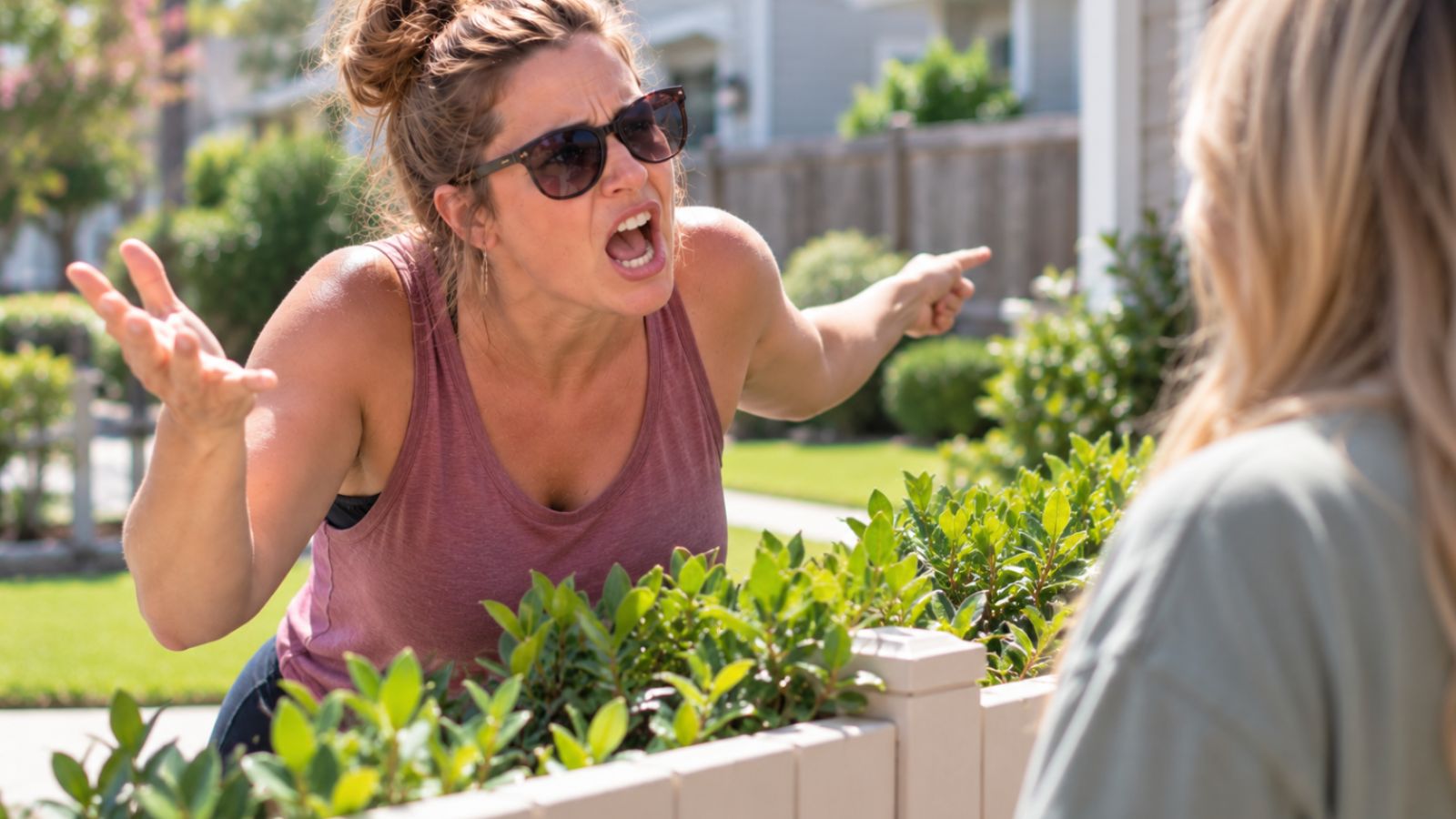 Female yelling at another female over a fence