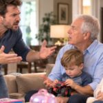 Grandparents holding grandkids while their father looks angry with them