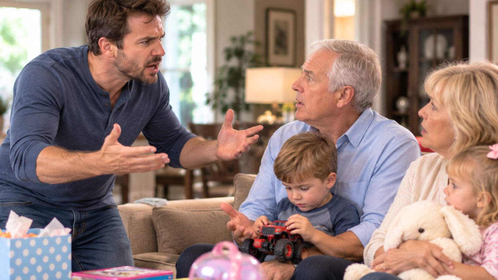 Grandparents holding grandkids while their father looks angry with them