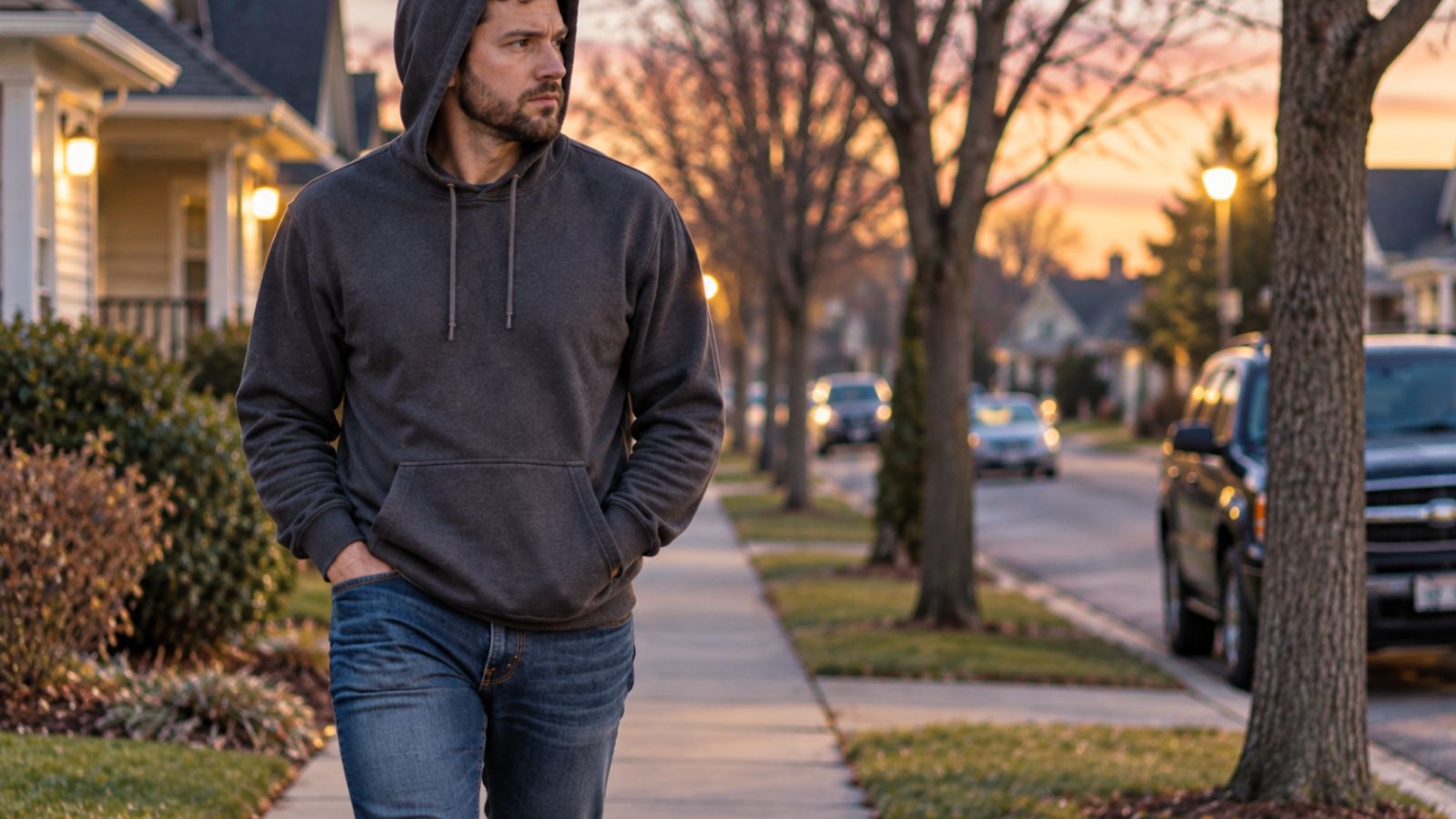 Man in hoodie walking through a neighborhood at dusk
