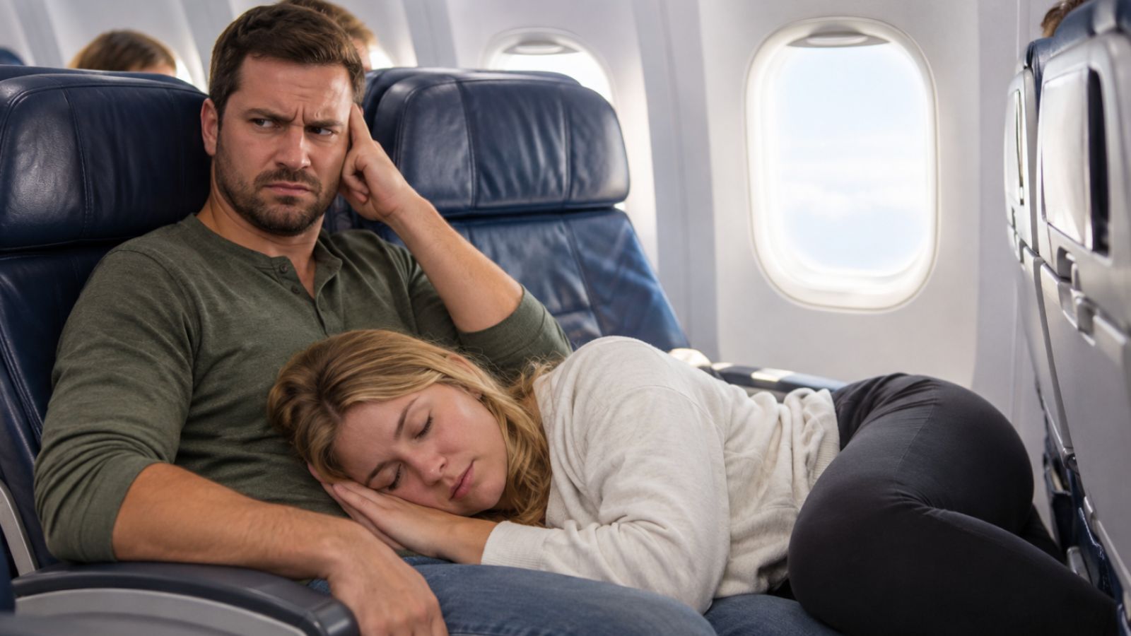 Woman sleeping on a man's lap on an airplane
