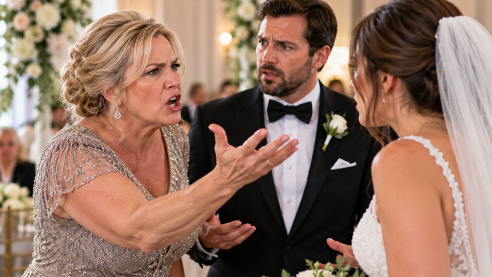 Mother of the groom yelling at the bride and groom