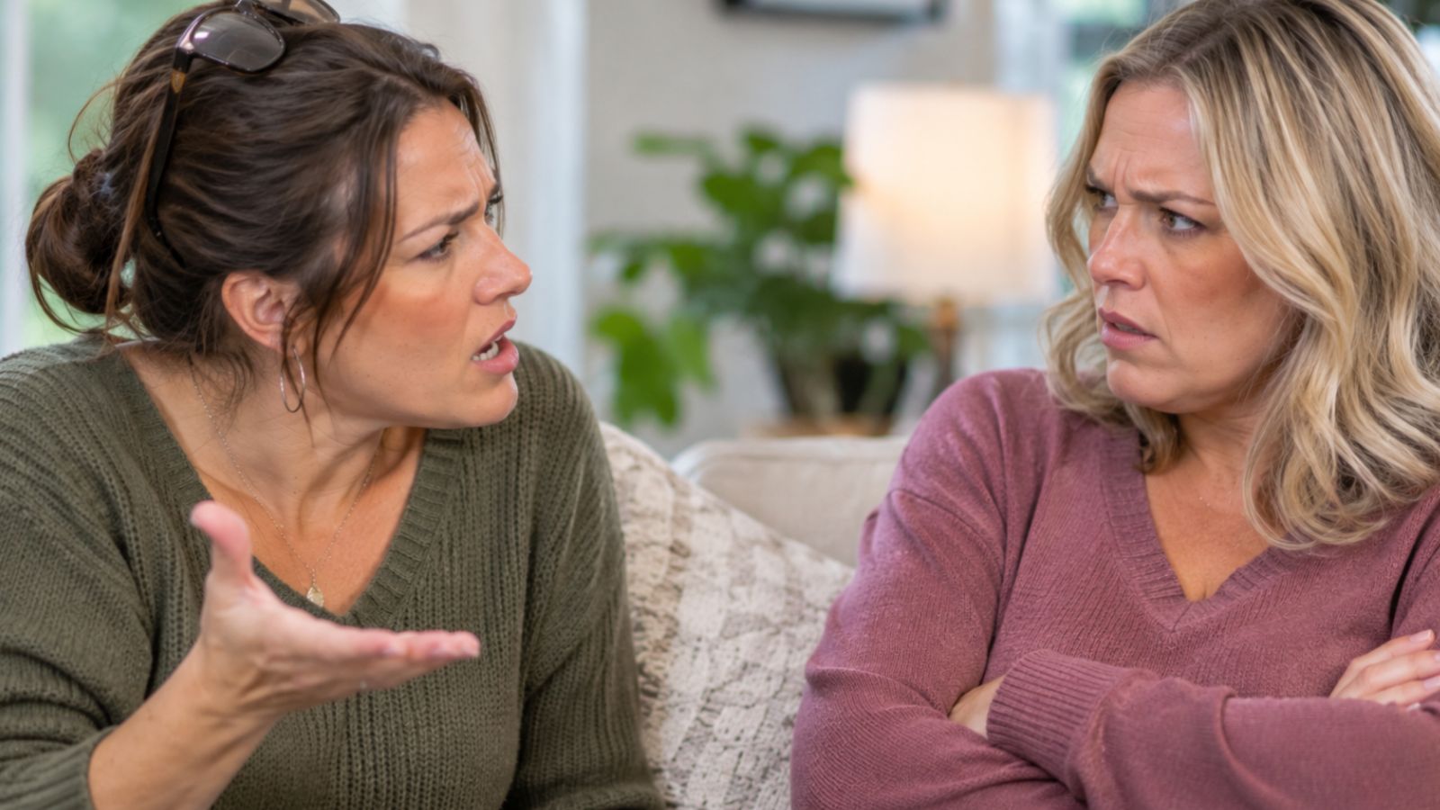 Two women talking and looking angry
