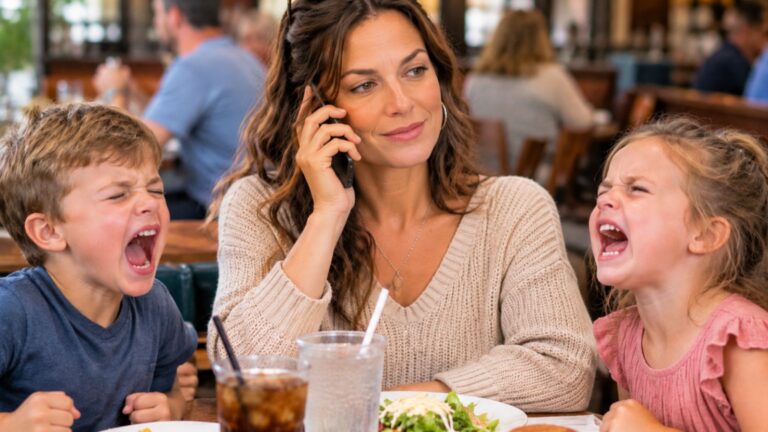 Woman sitting on her phone at a restaurant while her kids were screaming