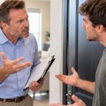Man arguing with landlord in doorway