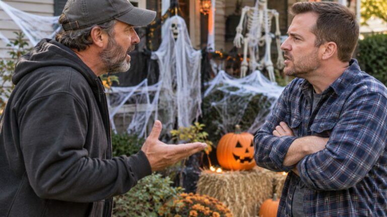 Male neighbors arguing outside in front of Halloween decorations