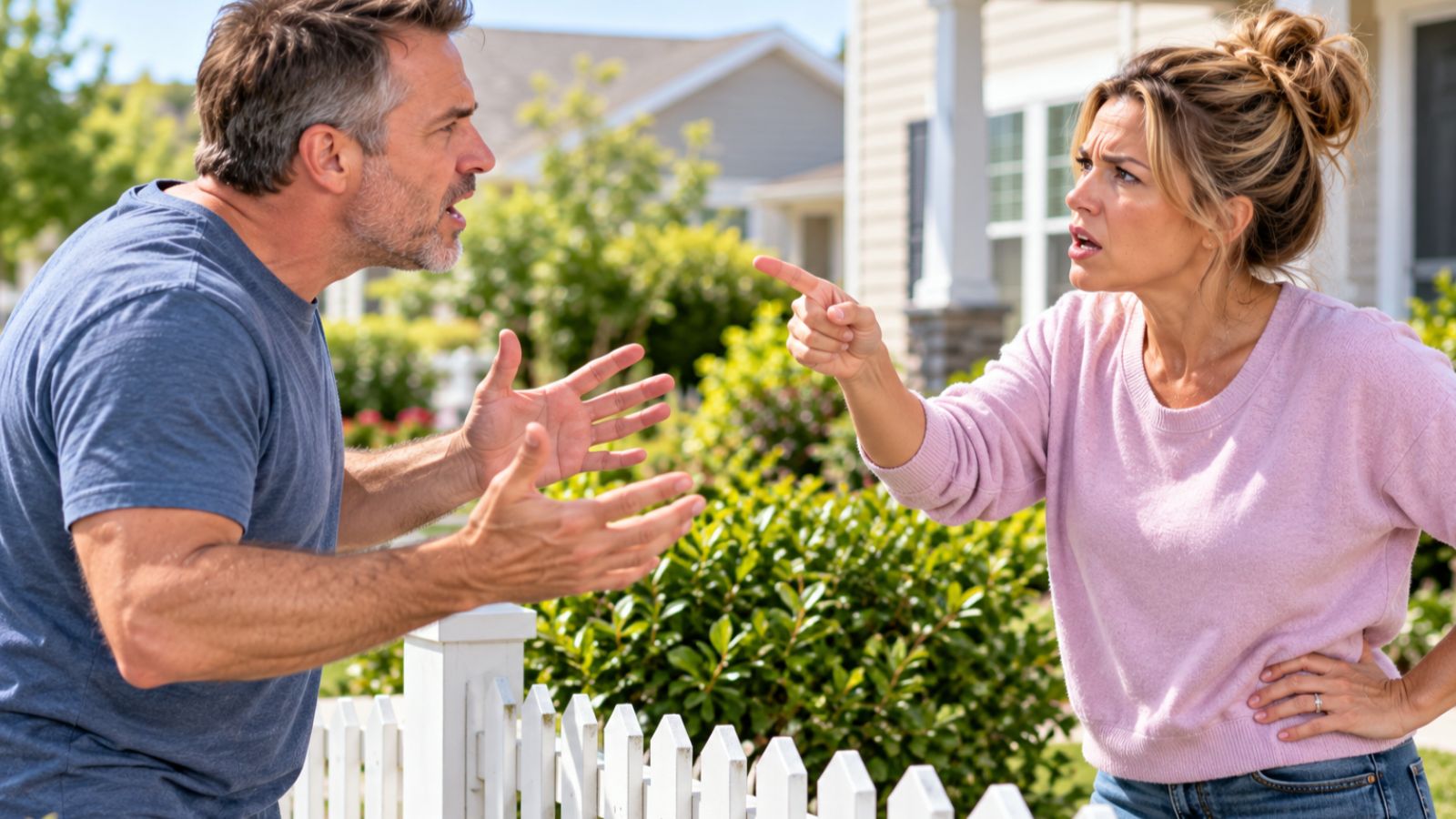Male and female neighbor arguing with each other over a white picket fence