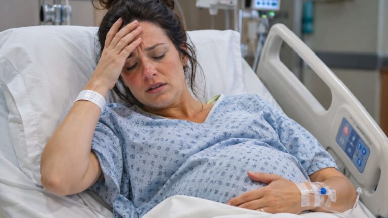 Pregnant woman in a hospital bed looking sick